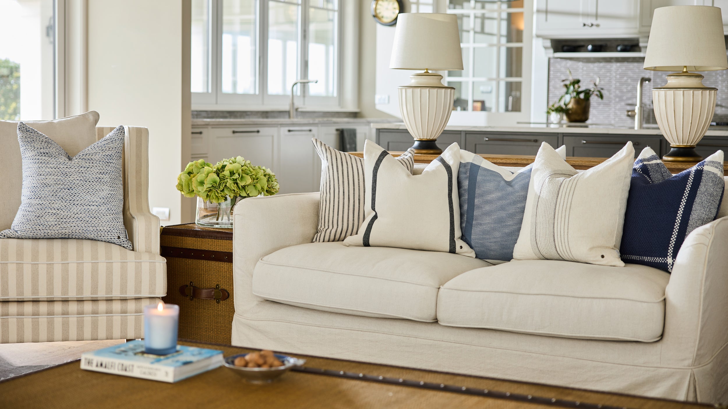 Royal Doulton blue cushions styled in a living room