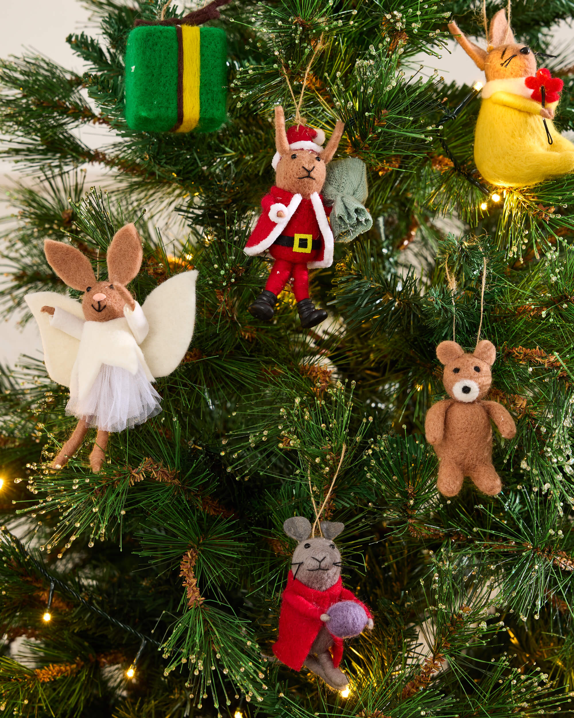 Royal Doulton Bunnykins felt Christmas ornaments on a festive tree