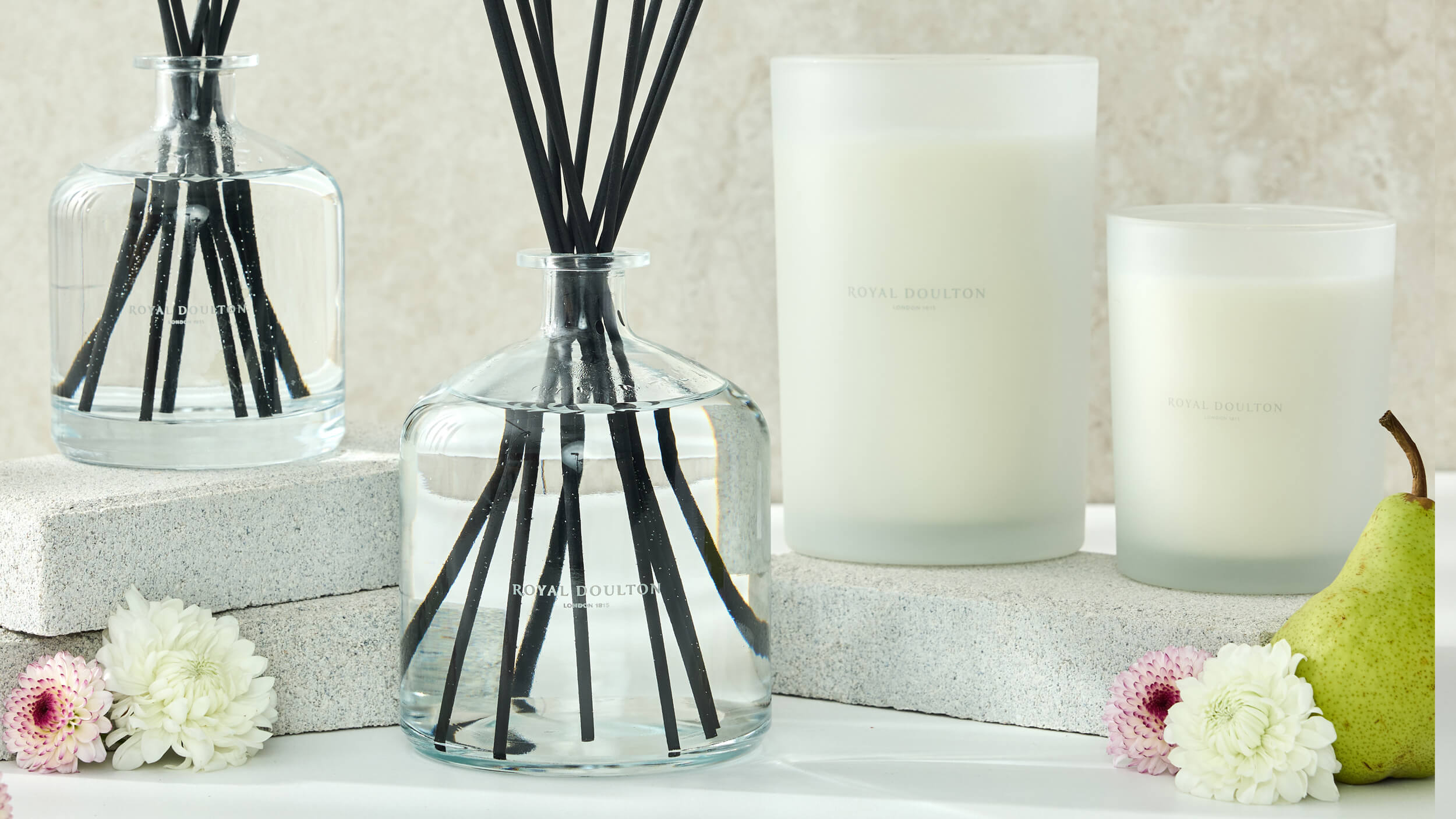 Royal Doulton Mayfair home fragrance range styled with White Gardenia scent